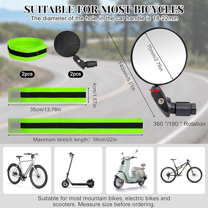 2PCS Bike Mirror, 360° Adjustable Bar End Bicycle Mirror with 2PCS Reflective Bands for Safe Cycling, Handlebar Mount Rearview Mirror with Allen Wrench for Mountain Road E-Bike
