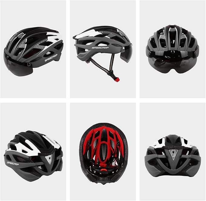Bike Helmet, Basecamp Bicycle Helmet with Rear Light & Detachable Magnetic Goggles Lightweight Cycling Helmet Adjustable for Adult Men Women Mountain & Road (BC-069)
