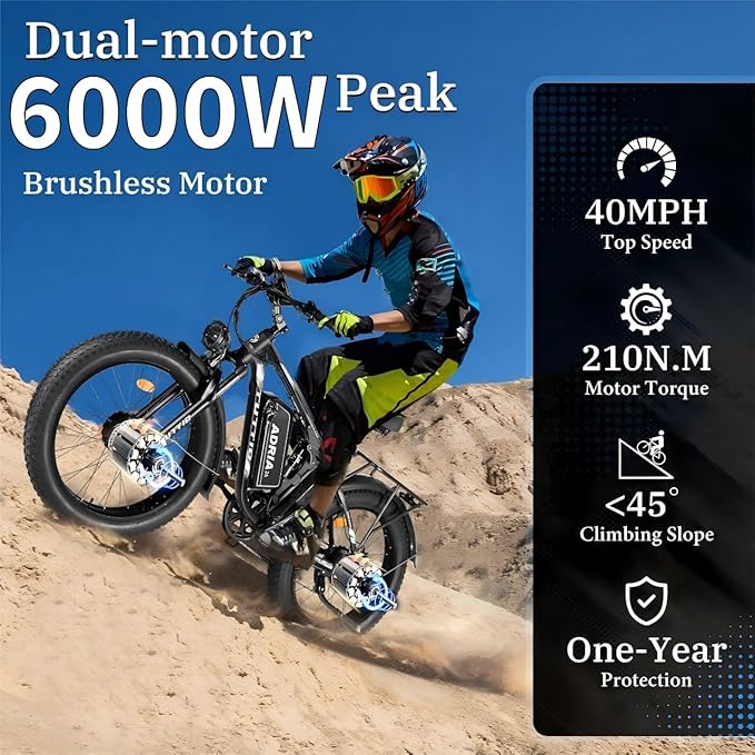 Tuttio Adria26 5000W/6000W Dual-Motor Ebike,40-46MPH Electric- Bike for Adults, 26 * 4" Fat Tire Electric Bicycle, 52V 25AH E-Bike Full Suspension Electric Dirt Bike for Off-Road Mountain Hunting