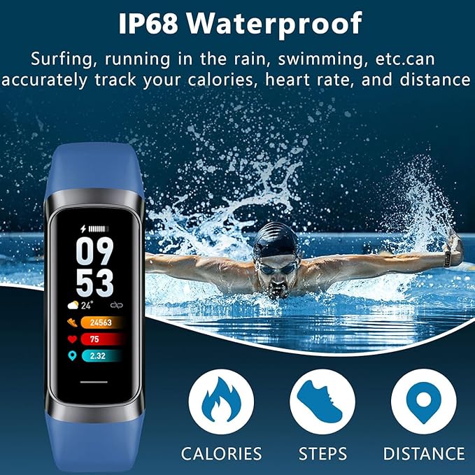 Fitness Tracker with 24/7 Heart Rate Sleep Blood Oxygen Monitor,IP68 Waterproof Smart Watch,1.10''AMOLED Touch Color Screen,Step Counter Health Activity Trackers for Women Men (Blue)