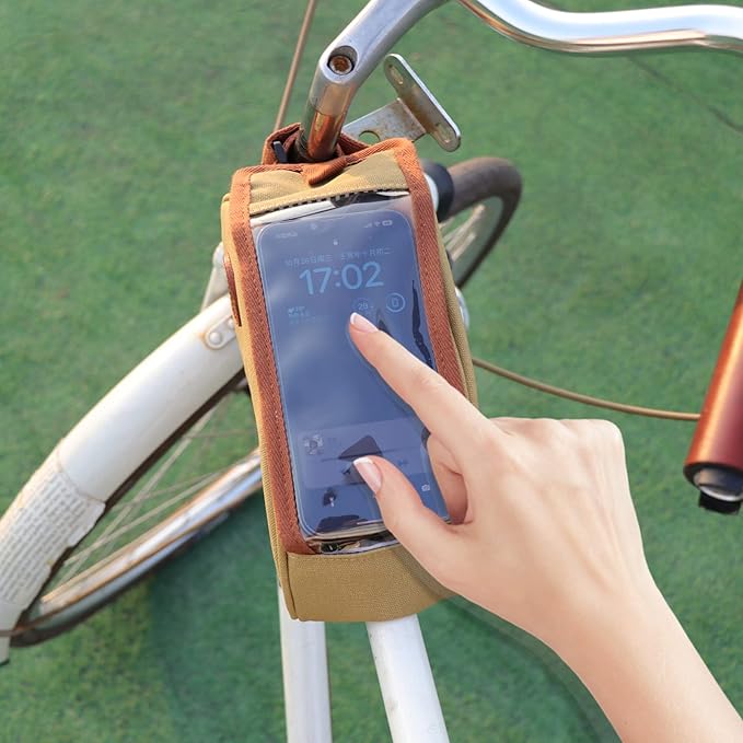 TOURBON Water-resistant Bike Bag Cell Phone Holder Bicycle Handlebar Pouch Cycling Top Tube Frame Case with Transparent Window - Khaki