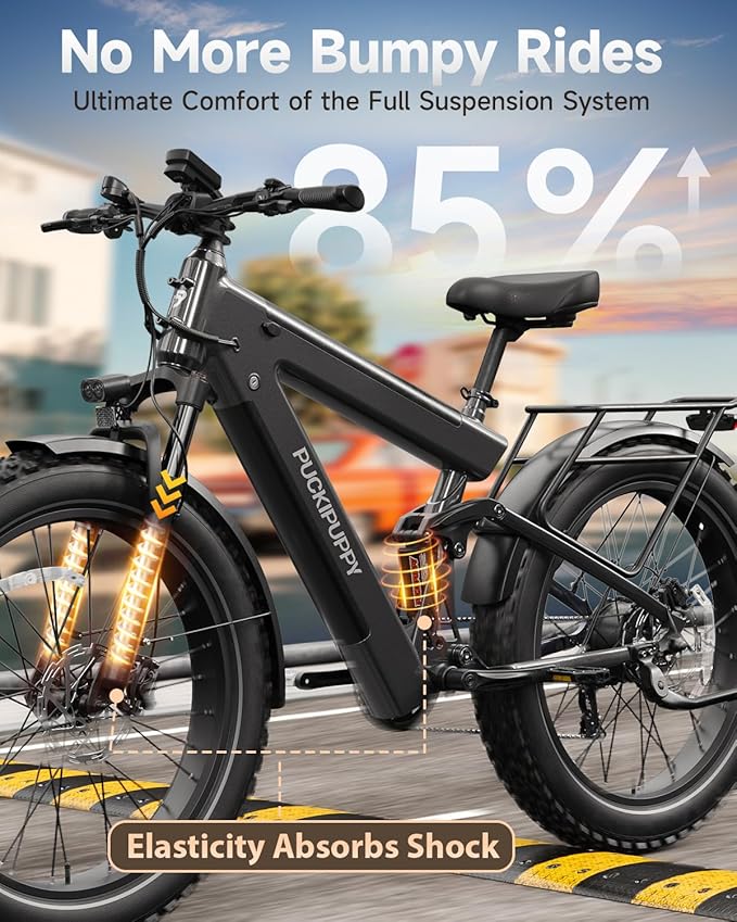 PUCKIPUPPY 1350W Electric Bike for Adults, 130 Miles Dual 48V 30Ah Long Range Ebike with Torque Sensor | 28MPH | 8-Speed | 26"x4" Fat Tires | Full Suspension | Long-Distance Travel (Bulldog Pro)