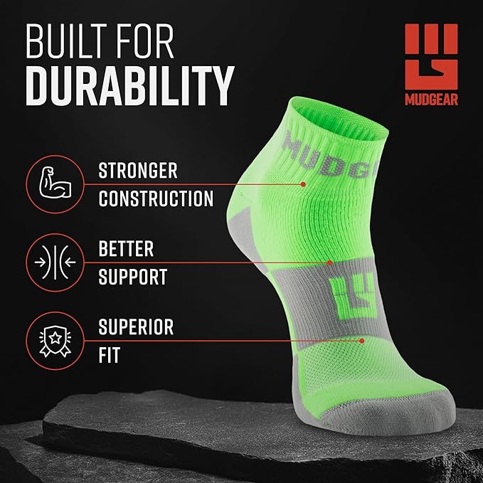 MudGear Quarter Crew Trail Socks, Blister-Resistant, Sweat-Resistant & Quick-Drying, Cushioned Footbed, Made in USA, 2-Pack