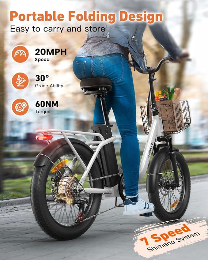 Electric Bike, 1000W Peak Folding Electric Bike, 486Wh 70 Miles Range Ebike, Waterproof Removable Battery, 7 Speed, 25 MPH Max, 20" Step-Thru Bicycle with Front Basket