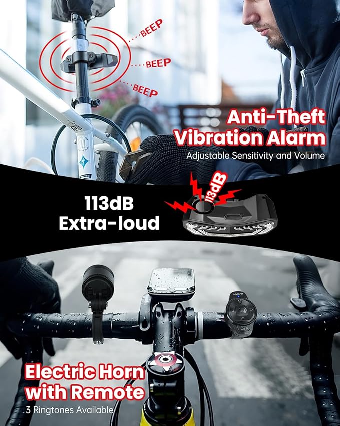 WSDCAM Smart Bike Light Set with Remote Control, Bike Tail Light with Turn Signals and Brake Light Bike Alarm Horn, Bike Headlight for Night Riding, Rechargeable Bicycle Lights Front and Rear