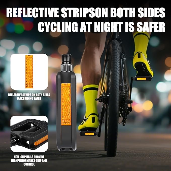 Bike Pedals - Non-Slip Plastic Pedals with Reflectors, Lightweight 9/16" Platform Fits City/Road/Hybrid/E-Bikes/Beach Cruiser/Most Adult Bikes