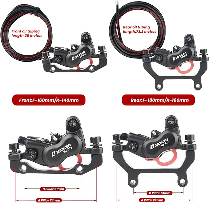 ZOOM Ebike Hydraulic Disc Brake Set: H876E 4-Pistons Power-Off Electric Bike Brake Kit with 2-PIN Sensor Included 160mm/180mm Rotors and Mounting Adapter