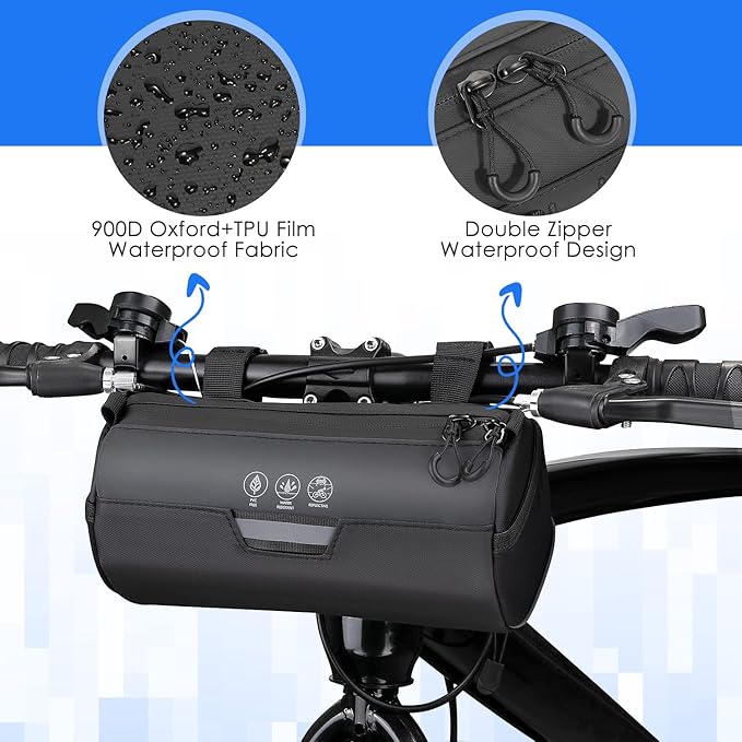 WOTOW Bike Handlebar Bag Waterproof - Bicycle Handlebar Roll Bag with Large Reflective Area, Bike Front Pouch with Waterproof Zipper Shoulder Strap Removable Straps for Cycling (Cylinder, 2.4L)