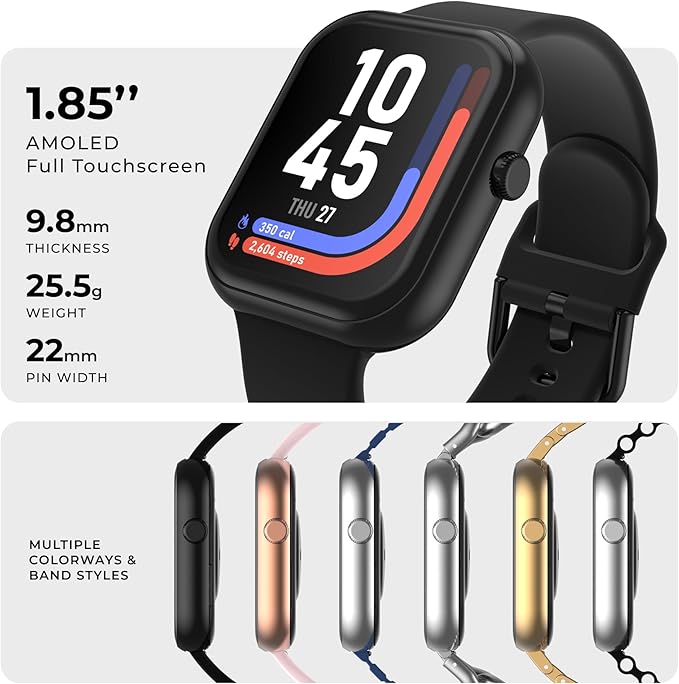 iTouch AIR 5 Smartwatch - 1.85" AMOLED Display, Bluetooth Calling, 100+ Sports Modes, Heart Rate, SpO2, Sleep & Stress Tracking, IP68, 7-Day Battery Life (Black Case w/Black Silicone Band)