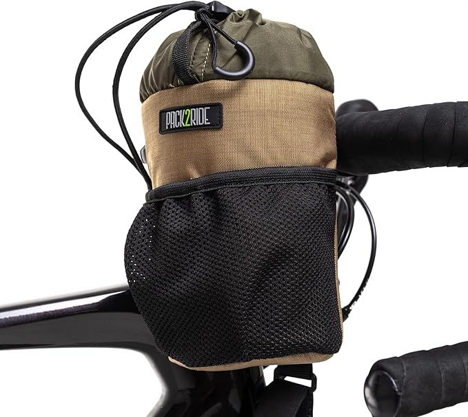 Bongo Bike Handlebar Bag - Water Resistant, Durable Cordura Fabric & Bicycle Large Water Bottle Holder - Front Biking Storage, Bikepacking Stem Bag for Cycling Travels (Brown)