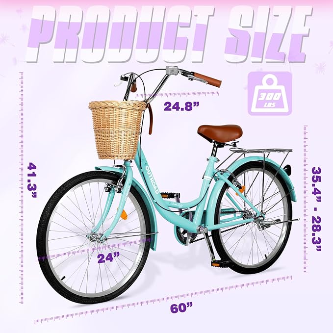 Betterland Beach Cruiser Bike for Women, 24/26 inch Hybrid Bike with Adjustable Seat, Womens Bike with Front Basket and Dual V-Brake, Step Through Comfort Bicycle for City Commuter