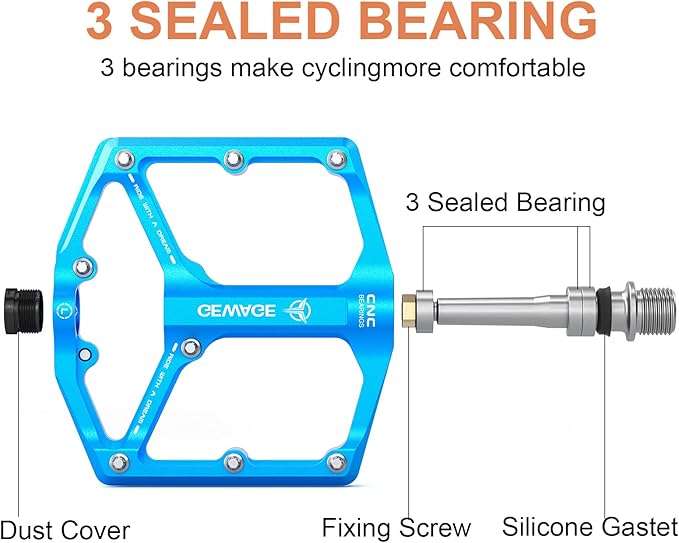 Road/Mountain Bike Pedals - 3 Bearings Bicycle Pedals - 9/16” CNC Machined Flat Pedals with Removable Anti-Skid Nails