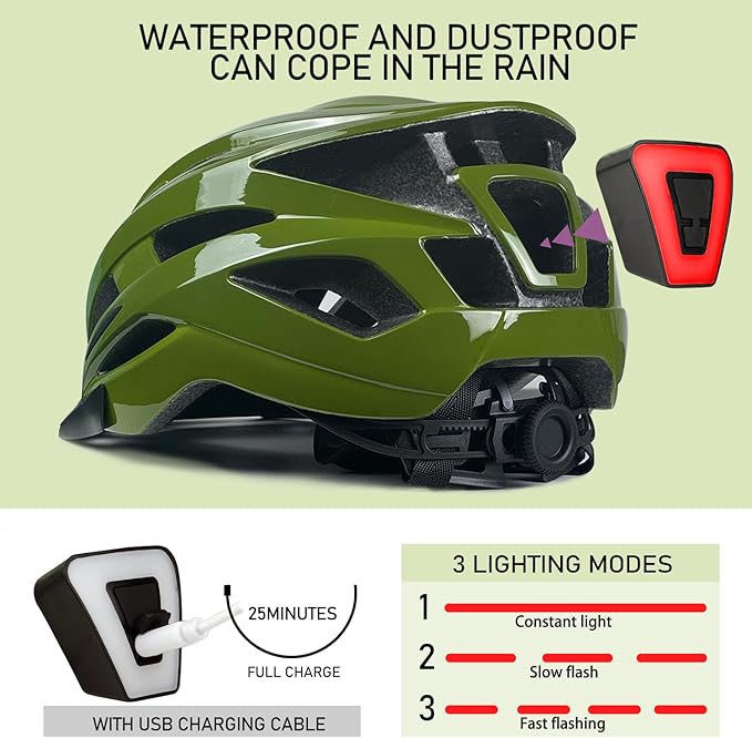 Bike Helmet for Adult Men Women with Multi-Mode Rear LED Light, with Suggested Fit 56-62cm, Lightweight with Adjustable Dial, Side and Chin Strap, Carbon Black Shiny Surface