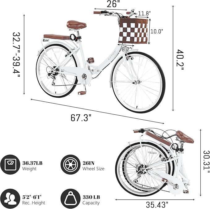 24/26 Inch Foldable Beach Cruiser Bike for Women, 7 Speed Folding Bikes for Adults, Womens City Bike with Basket & Adjustable Seat, Step Through Commute Bikes for Women Adults