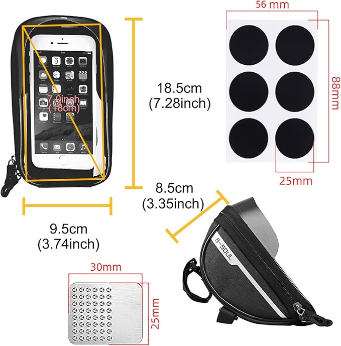 Bike Phone Front Frame Bag, Waterproof, Tube Case, Bicycle Phone Holder, Bike Handlebar Bag, Bicycle Accessories Compatible Cellphone Under 7.2”, Cycling Pouch with 6Pcs Glue-free Tire Patches