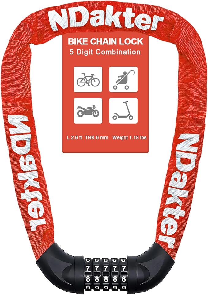 NDakter Bike Lock, 5 Digit Combination Heavy Duty Anti Theft Bicycle Chain Lock, 2.62/3.2/4.27/5/6Ft Long, High Security Resettable, Suitable for Bike, Scooter, Door, Gate, Fence-4/6mm Thick