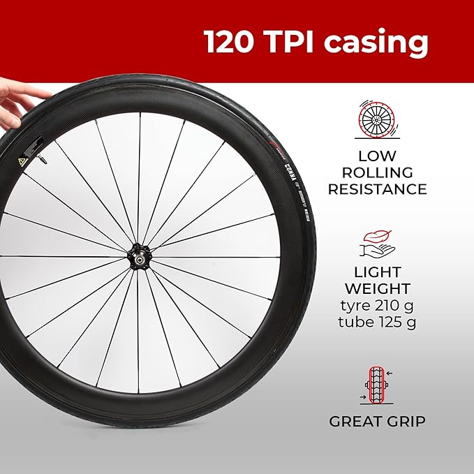 Fincci Road Bike 25-622 700x25c Tire with 700c Bike Tube Presta Valve - Foldable Kevlar 700c Bike Tire with 1 mm Nylon Puncture Resistant, 120 TPI - Accessories for Folding, Carbon, Racing, City Bikes