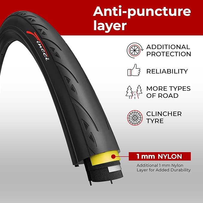 Fincci 700x25c Tire - Road Bike Tires 25-622 with 1 mm Nylon Anti Puncture - Black 700c Bike Tire Puncture Proof with Kevlar for Racing, Hybrid, Folding Bicycles - Flatless Bike Tires 28 inch