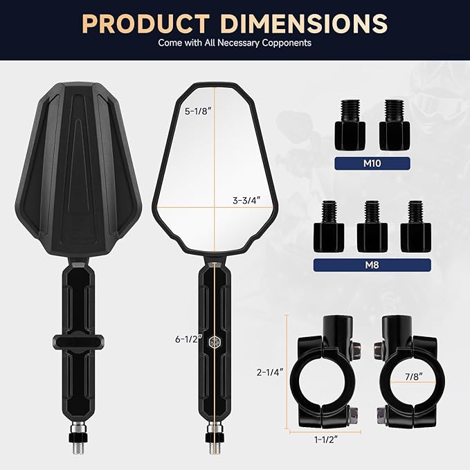 Adventure Motorcycle Mirrors - M8 M10 Black Foldable ATV Rear View Mirror, 7/8" Handlebar Side Mirrors, 360 Adjustable Ball-Head Compatible with Street Dirt Bike ATV Off-road Scooter Snowmobile
