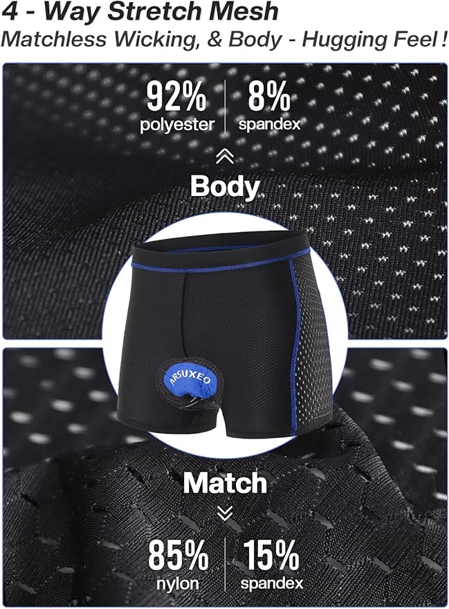 ARSUXEO Men's Cycling Underwear 4D Padded Bike Shorts Bicycle Biking Cycling Shorts with Padding Mountain Bike Liner
