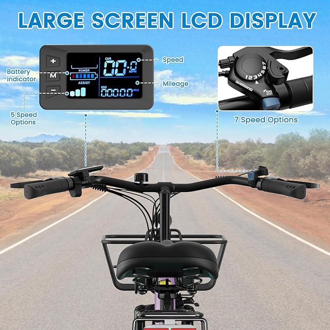 350W Electric Bike for Adults, 20MPH 7-Speed Commuter Ebike with 36V 10.4Ah Battery, Aluminum Frame, Front Suspension, Dual Disc Brakes, E Bicycle with Basket & Rear Rack, 330 lbs Load