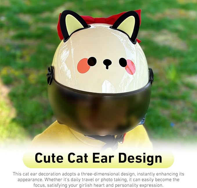 2 Pairs Cute Cat Ears Helmet Decorations, Removable Kitty Ear Stickers, Self Adhesive Kitty Ear Attachments, Universal for Most Bike, Electric Scooter & Motorcycle Helmets (Black & Yellow)