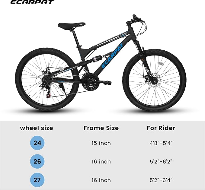 Ecarpat 24/26/27.5 Inch Mountain Bike, Full/Front Suspension Mens Boys Mountain Bike with 21 Speed Steel Frame and Dual Disc Brakes, Adult Sport Bicycle for Trail City Road, Gift Choice