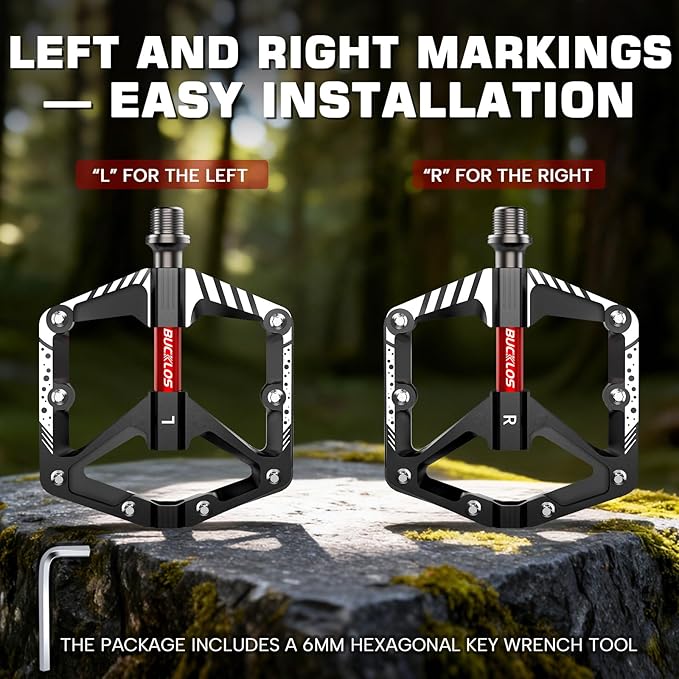 BUCKLOS Mountain Bike Flat Pedals Adult 9/16", Sealed Bearing Large Bicycle Pedal Aluminum Platform with Removable Anti-Skid Nails and Reflectors for MTB Road Gravel BMX Ebike Bikes
