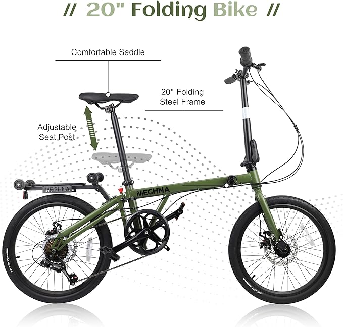 7-Speed Folding Bike, 20" x 1.95" Tires, Tri-Fold Design with Rear Rack Wheels, Steel Frame, Ideal for Urban Commuting