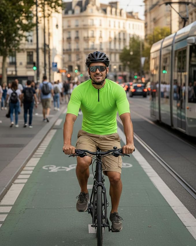 Wulibike Cycling Jersey Men Short Sleeve, Road Bike Jerseys Half Zipper with Pockets, Bicycle Clothing Breathable Quick Dry Green L