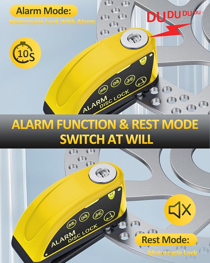 ONVIAN Rechargeable Motorcycle Lock with 120db Alarm and 6FT Steel Reminder Cable, for 7mm Pin Motorcycles Bicycles Ebike Scooter Moped(Yellow)