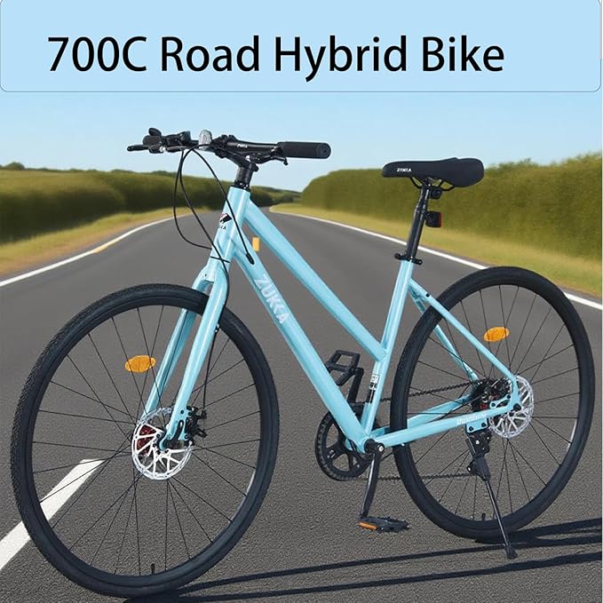 700C Road Hybrid Bike City Commuter Bicycle with 7 Speed/Front and Rear Disc Brakes/Steel Frame for Men Women Adult Available in A Variety of Colors