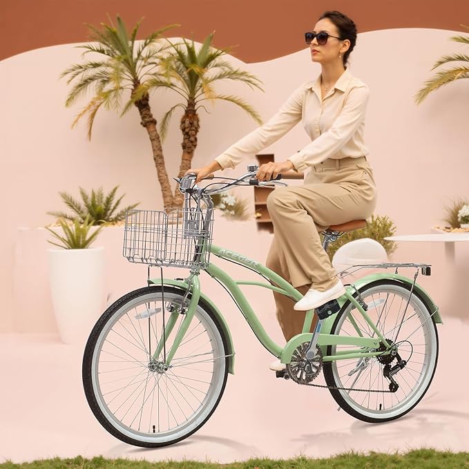 ACEGER 24 26 Inch Women Beach Cruiser Bike, Single Speed and 7 Speed, Adult Hybrid Bike Commuter Bicycle, Hi-Ten Steel Frame with Adjustable Handlebar and Saddle, Multiple Colors