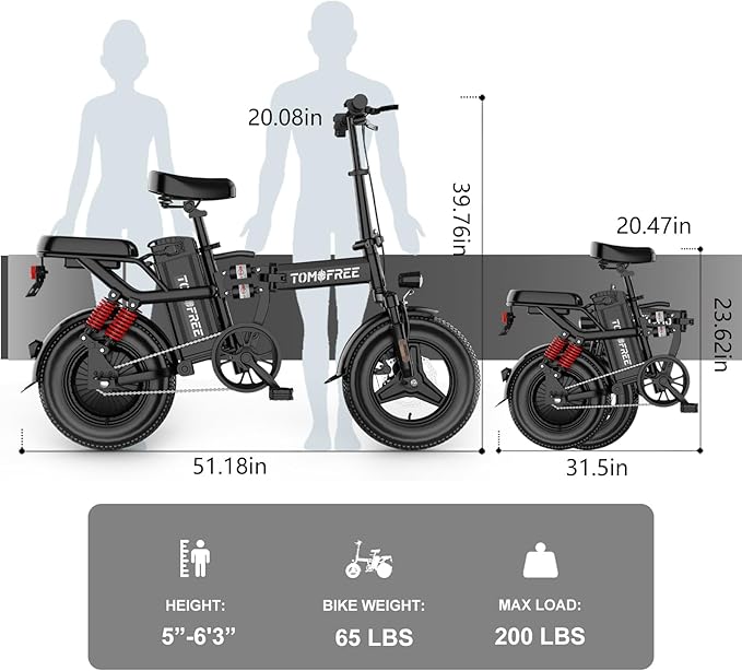 Tomofree T0 Electric Bike for Adults and Teens with 750W Peak Motor, 14" Commuter E-Bike, 24MPH, 40 Miles PAS Range, Folding Ebike with Full Suspension and Removable 48V 20AH Battery (T0)