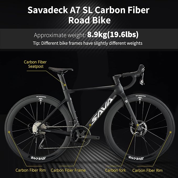 SAVADECK A7L Carbon Road Bike, T800 Carbon Fiber Frame 700C Racing Bicycle with Shimano 105 R7100 24 Speed Groupset and Hydraulic Disc Brake, Ultra-Light Carbon Bike for Man and Women