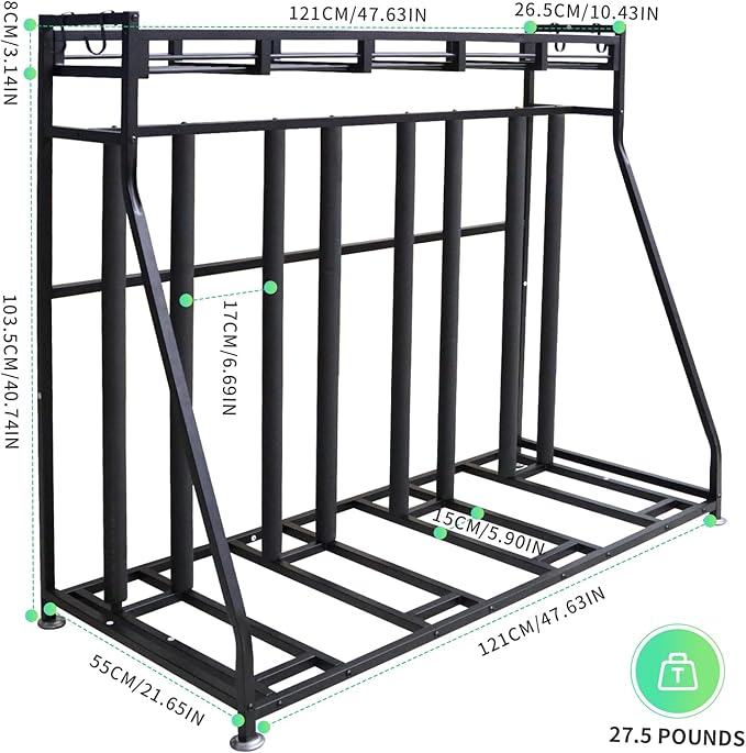 4 Bike Stand Rack with Storage – Bike Rack Floor Stand- Garage Organizer - 2024 Upgrade Tube Diameter 19mm with 8 Sponge Columns - Indoor Bike Storage for Parking Road, Mountain, Hybrid or Kids Bikes