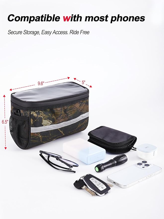 Camouflage Bike Handlebar Bag - Touchscreen Phone Holder, Secure Closure - Front Frame Pouch for Mountain/Road Bikes