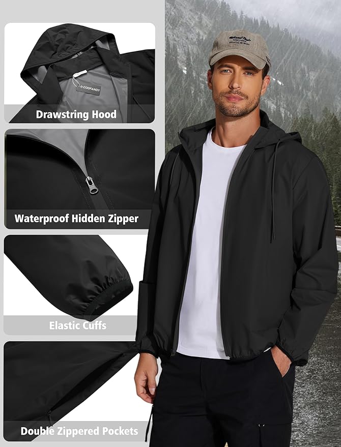 COOFANDY Men's Light Rain Jacket with Hood Packable Waterproof Raincoat Golf Rain Gear Travel Hiking Windbreaker