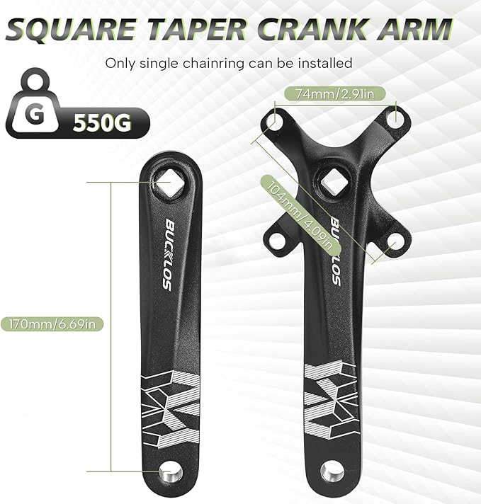 BUCKLOS MTB Mountain Bike Single Speed Square Taper Crankset -170mm Cranksets Bicycle Crank Set with 104BCD 32/34/36/38/40/42T Round/Oval Chainring Fit for Ebike/Commuter Bike