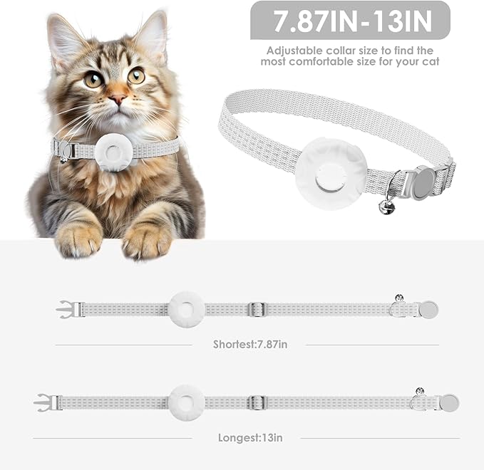 Cat Tracker, Cat Tracker Collar with Safety Elastic Buckle, Works with Any Collar,Compatible with Apple Find My App (Only iOS), No Monthly Fee, Waterproof, White