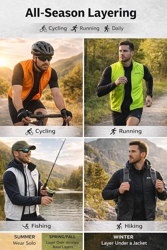 qualidyne Men’s Lightweight Windproof Cycling Vest, Full-Zip Sleeveless Bike Gilet with Breathable Mesh Back and Reflective