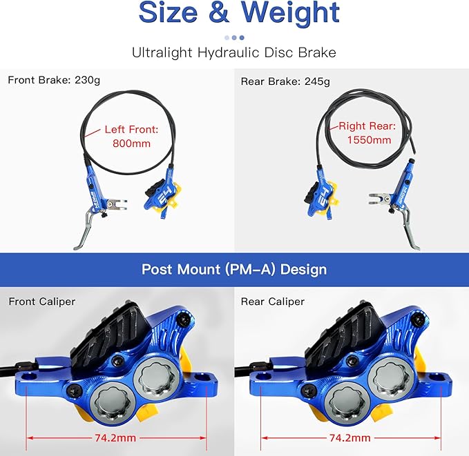 ZTZ IIIPRO E4 MTB Hydraulic Disc Brake Set, 4-Piston Hydraulic Brake Kit with Ceramic Brake Pads for Mountain Bike（Pre-Bled, Front 800mm and Rear 1550mm）