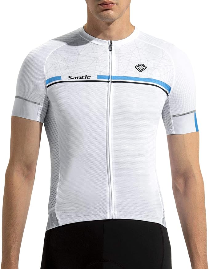 Santic Men's Cycling Jersey Short Sleeve Tops Pro Road Bike Shirt Full Zipper UPF 50+ MTB Jersey with Pockets