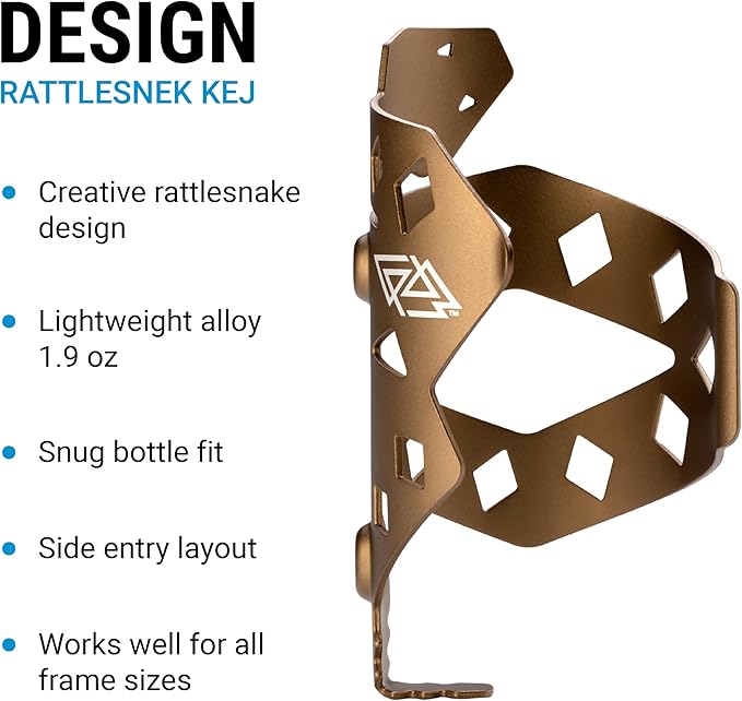 Portland Design Works Water Bottle Cage - Lightweight Water Bottle Holder for Bikes, RATTLESNEK KEJ, Desert Gold - Right Opening