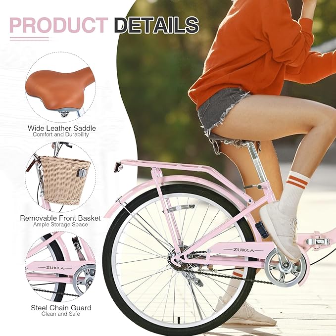 24/26 inch Female Bicycle Single Speed Folding Lady Bike, Durable Steel Frame,Compact Design for Easy Storage and Commuting Multi Color