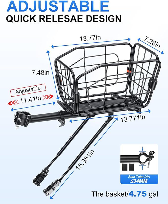 Rear Bike Basket, Aluminum Bike Cargo Rack, 22L Capacity Bicycle Basket, Foldable & Removable for Adult Bikes (Tube≤34mm), 165lbs Capacity, Includes Reflector & Bungee Cords