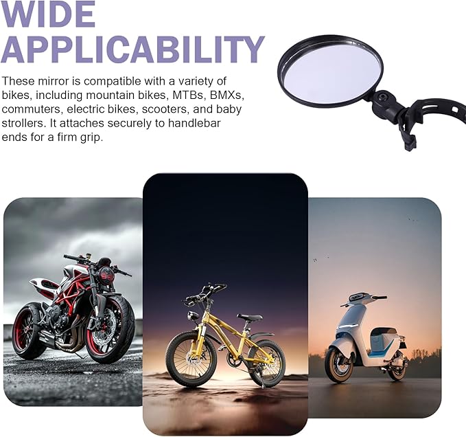 2 PCS Bike Mirror Handlebar Mount, Adjustable Rotatable Bike Rear View Mirror with HD Glass, Quick Install Bicycle Bar End Mirror, Safe Cycling Convex Mirror, for Mountain Road Bikes (Black)