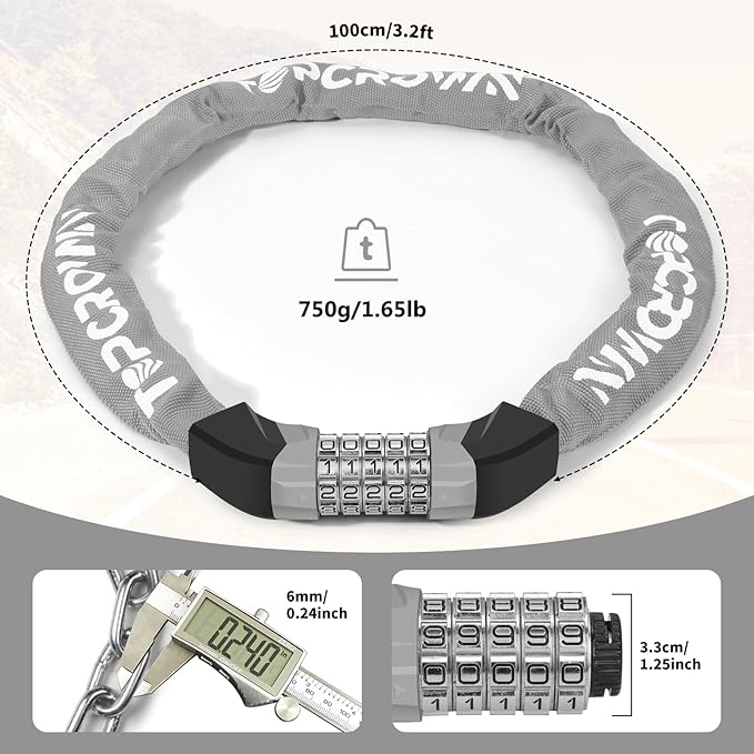 Bike Chain Lock Upgrade Metal Digital Dials 3.2Ft Long High Security Heavy Duty Anti Theft, 5 Digit Combination Keyless Bicycle Lock for Bike/Electric Scooter/Ebike/Motorcycle(Grey)