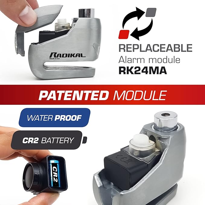 RADIKAL RK9Z Disc Lock with Premum Alarm 120db ON/OFF, LED Night Alert, Warning Pre-Alarm, 100% Waterproof, Full Metal Heavy Duty Brake Lock Universal Anti Theft Device for Motorcycle, E-Bike, Bicycle