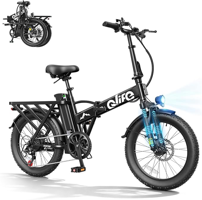 Qlife Hunter Foldable Electric Bike for Adults, Peak 1200W Ebike with 48V 13.5Ah Battery, 65-Mile Range, Heavy-Duty Rear Rack, 20-Inch Fat Tires, Folding E Bike for Commuting & Outdoor Use